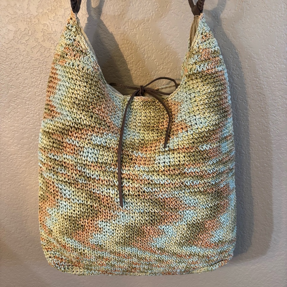 Express Knit Boho Bag Cream Orange Green Yellow Hobo Shoulder Bag Brown Straps - Picture 3 of 16